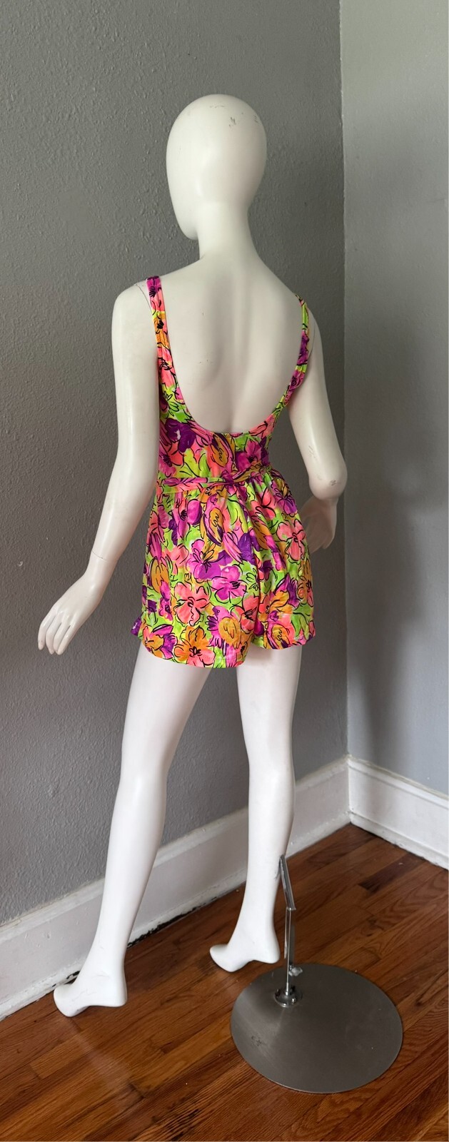 Vintage 80 Neon Colorful Pin Up RETRO Floral Romper Playsuit Swimsuit M