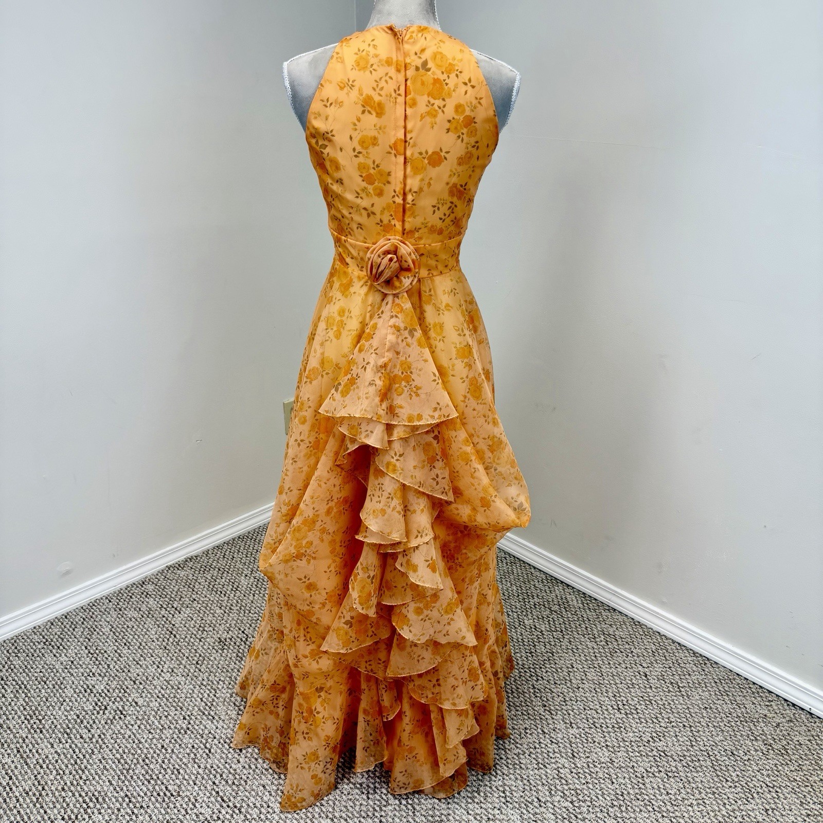VTG 70s Maxi Dress S Floral Convertible Ruffle Cascade Bustle Train ILGWU USA