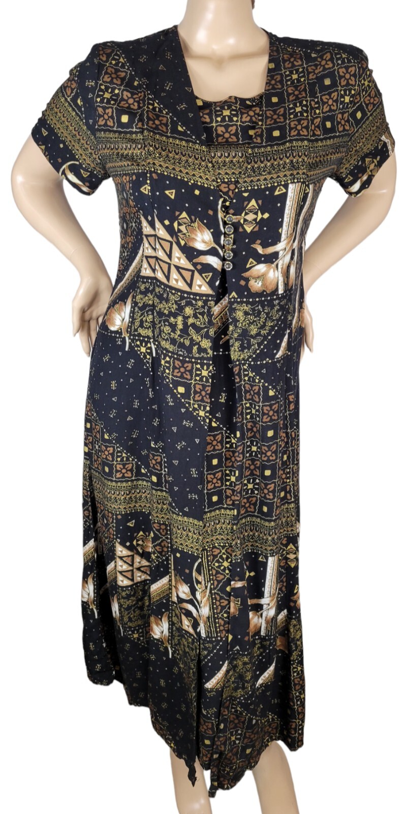 Vintage 90s Betsy Lauren Black Floral Tribal Cottagecore Grunge Maxi Dress 14