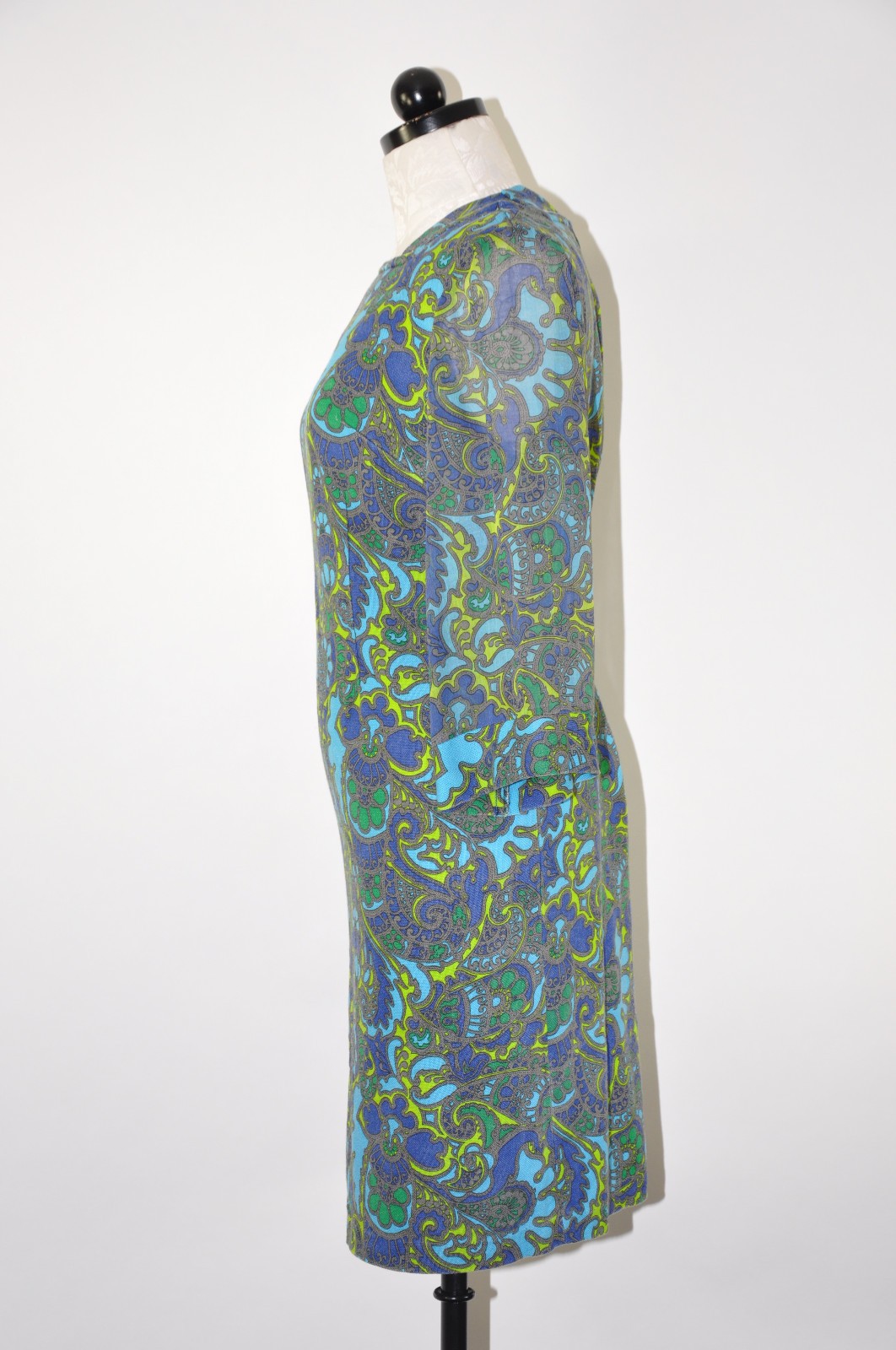 60s Vintage Blue Green Paisley Sheer Bell Sleeve Sheath Wiggle Day Dress Women S