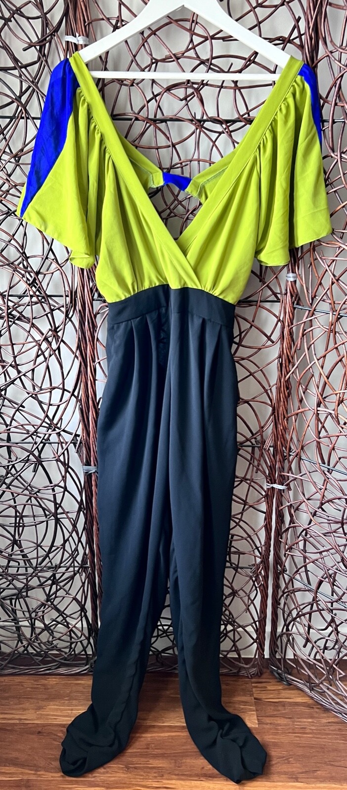 BUTTERFLY SLEEVE ONE PIECE RETRO GREEN, BLUE AND BLACK CHIFFON JUMPSUIT