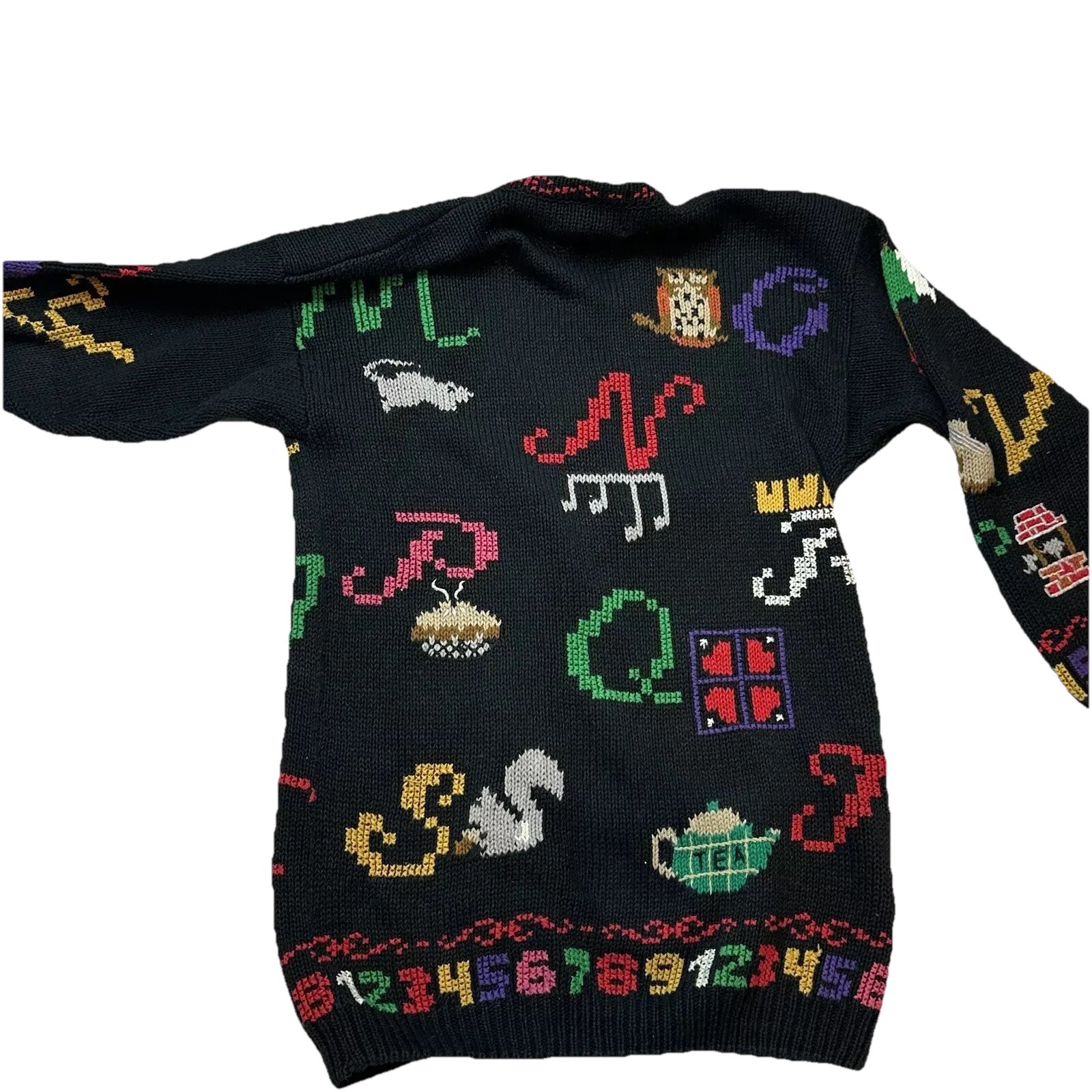 Vintage DESIGN OPTIONS Knitwear Cardigan Sweater Alphabet And Numbers Sz. Small