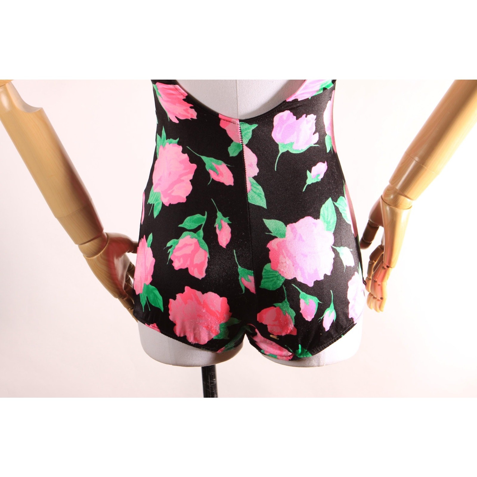1970s 1980s Black Pink Green Floral One Piece Swimsuit by Maxine of Hollywood