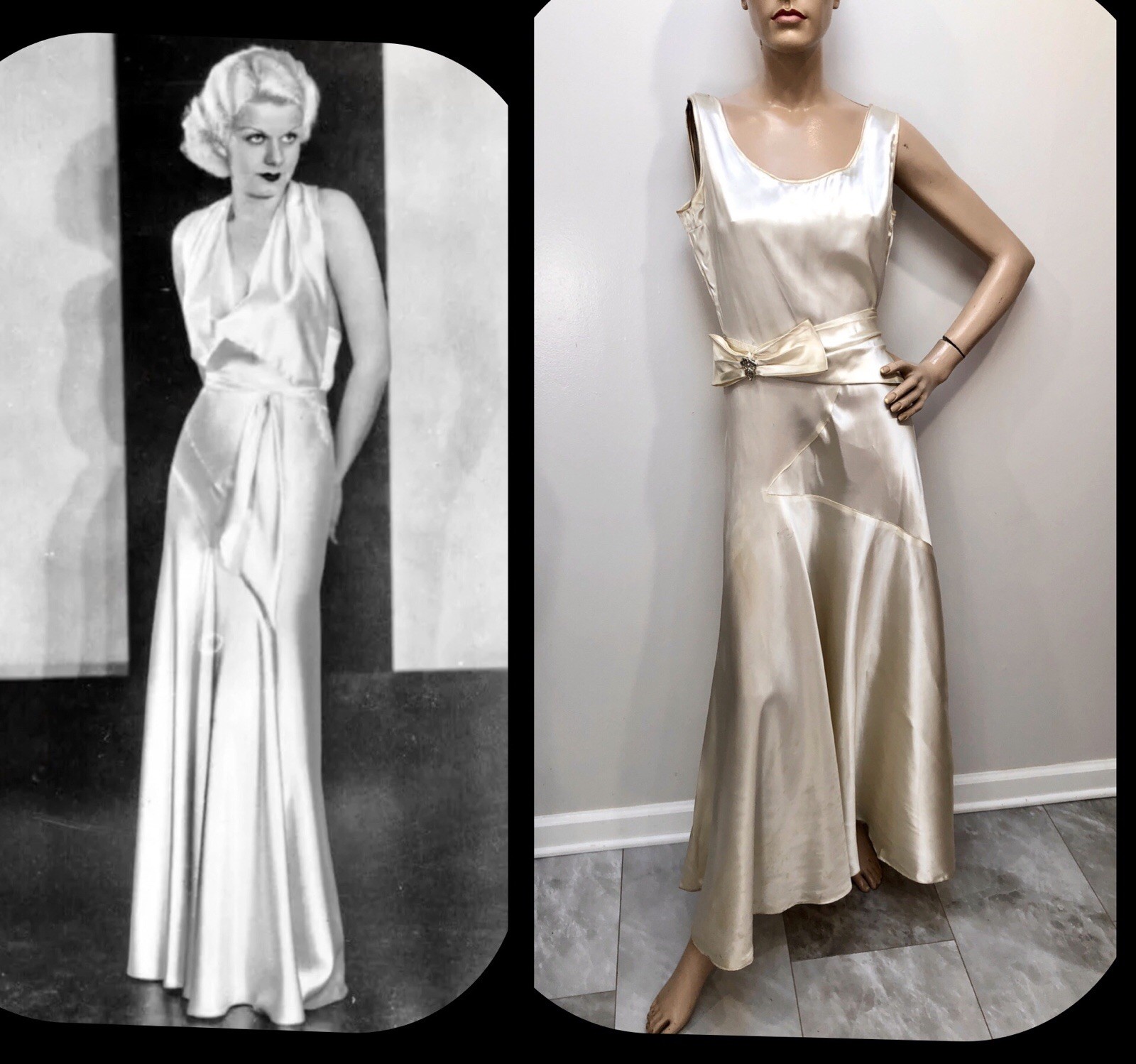 VTG 1930s OLD HOLLYWOOD HARLOW Ivory SATIN Rayon BIAS CUT GLAMOUR GOWN *Buy-Now