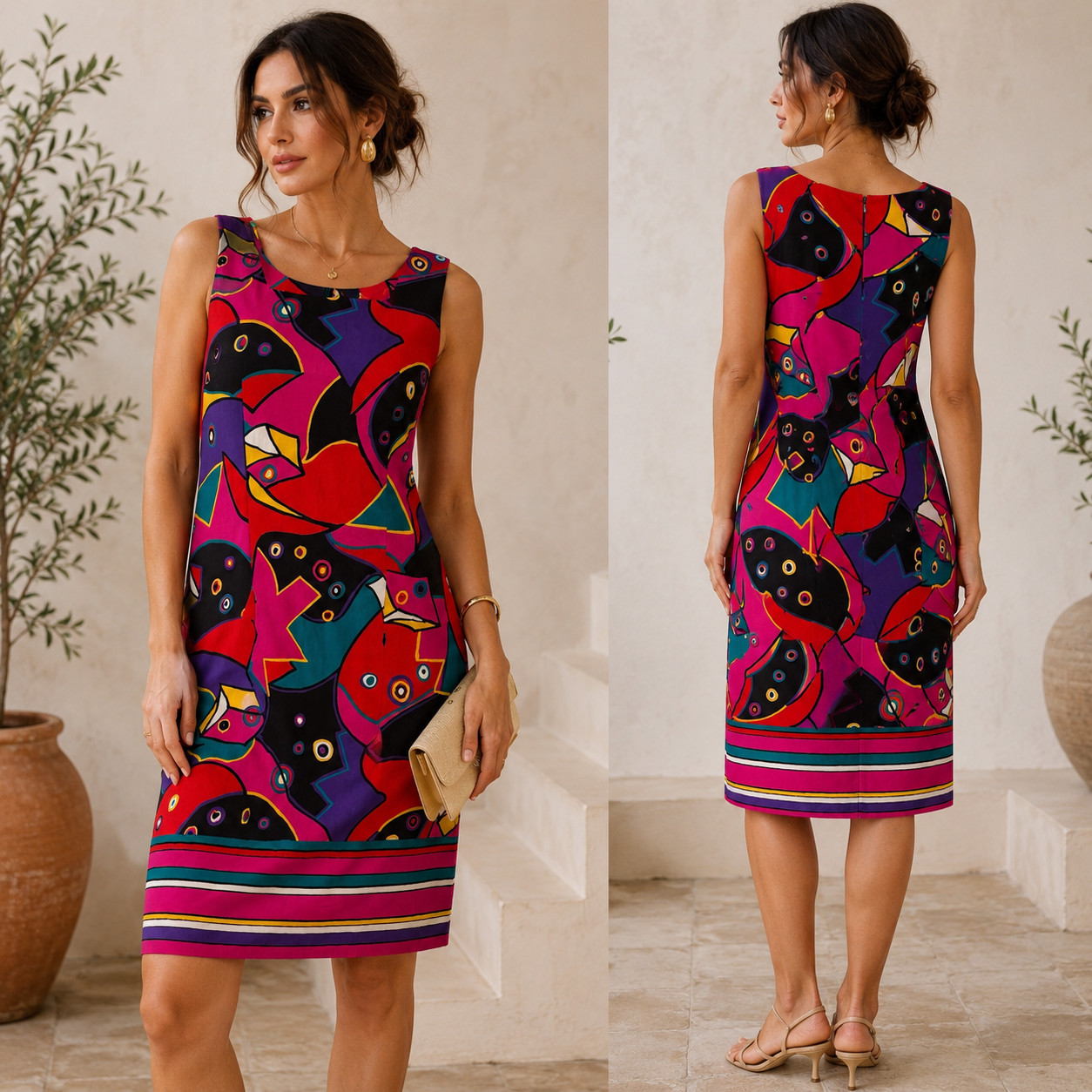 Vintage Leslie Lucks Abstract Print Midi Dress Bright Colorblock Artsy Sz 8 USA