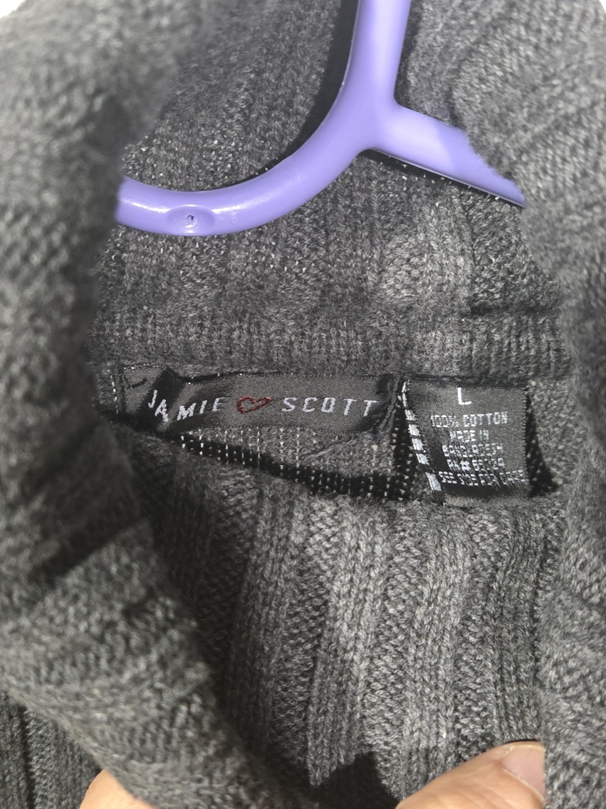 Jamie Scott Turtleneck Sweater Large Grey Womens Rib Knit 100% Cotton