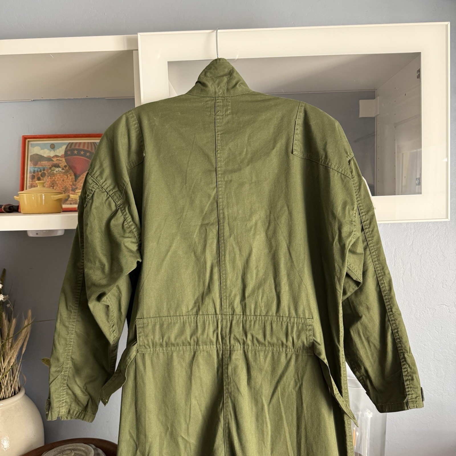 Vtg 70’s Chemin de fer Cotton Replica Flight Suit Jumpsuit Navy Patch Green M