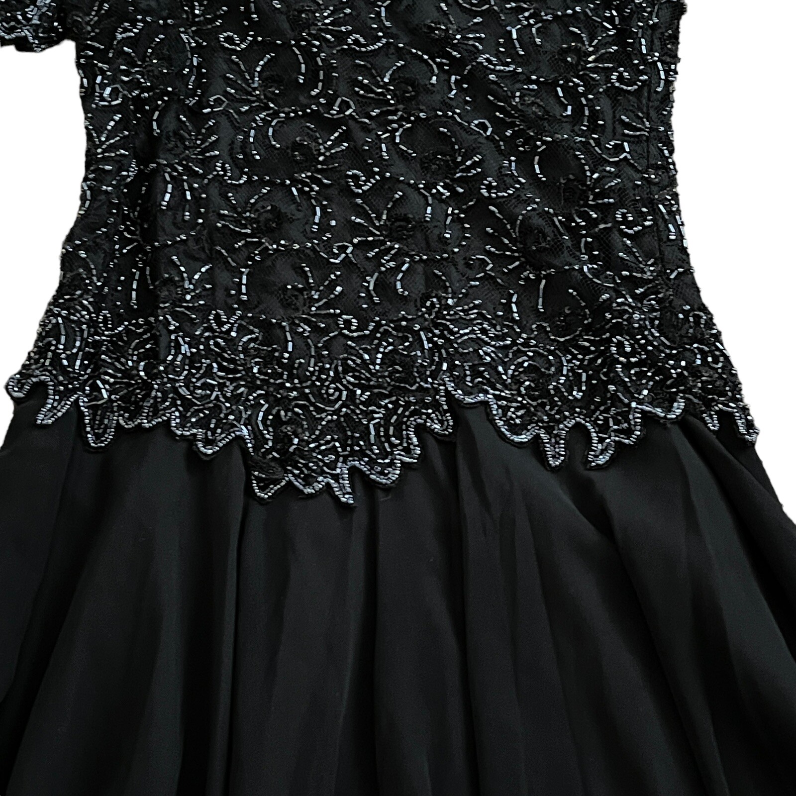 Vtg 80s Mother Of The Bride Dress M Black Beaded Top Sheer Chiffon Flowy Skirt