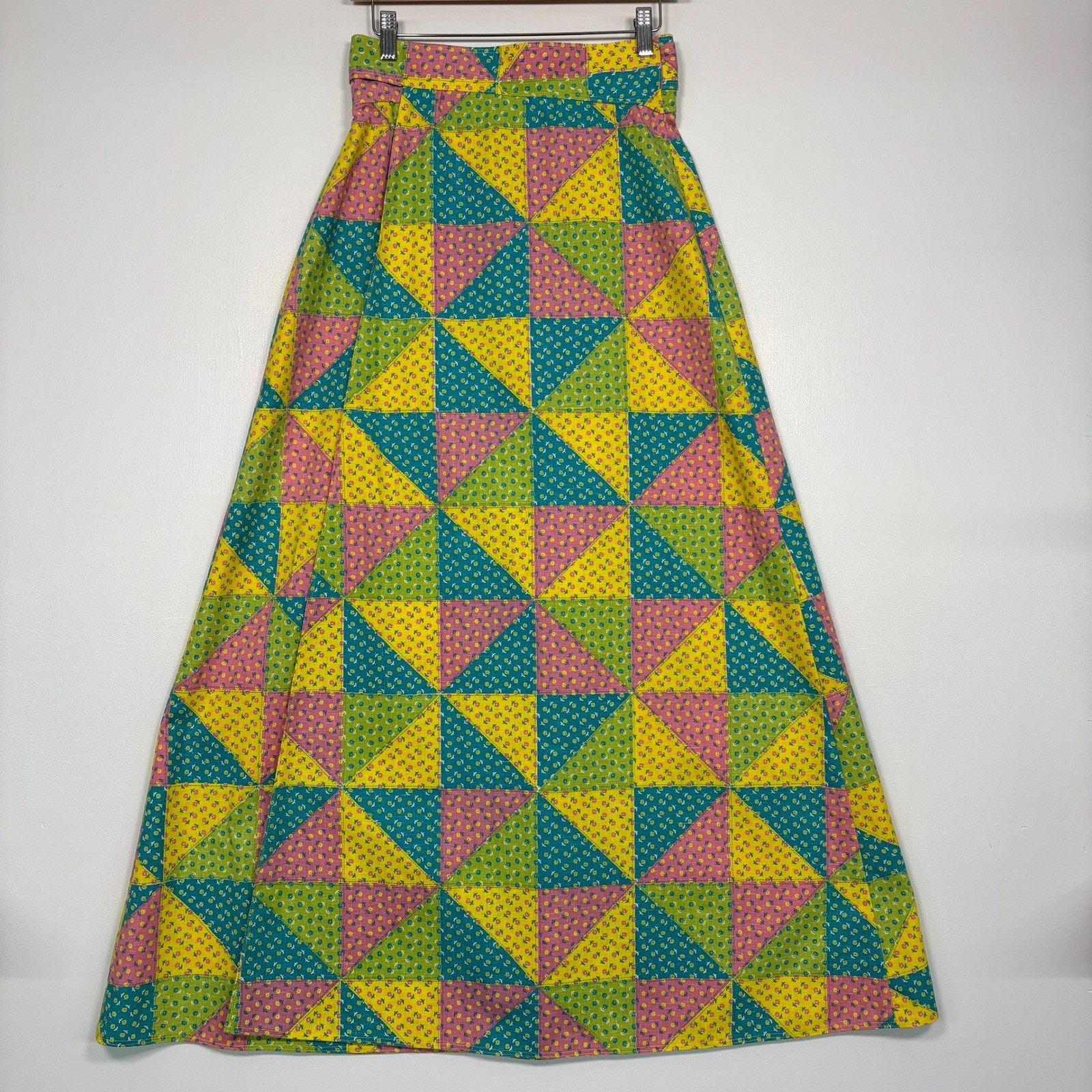 Handmade Women Maxi Skirt M Multicolor Vintage Patchwork Floral 70s Quilt Aline