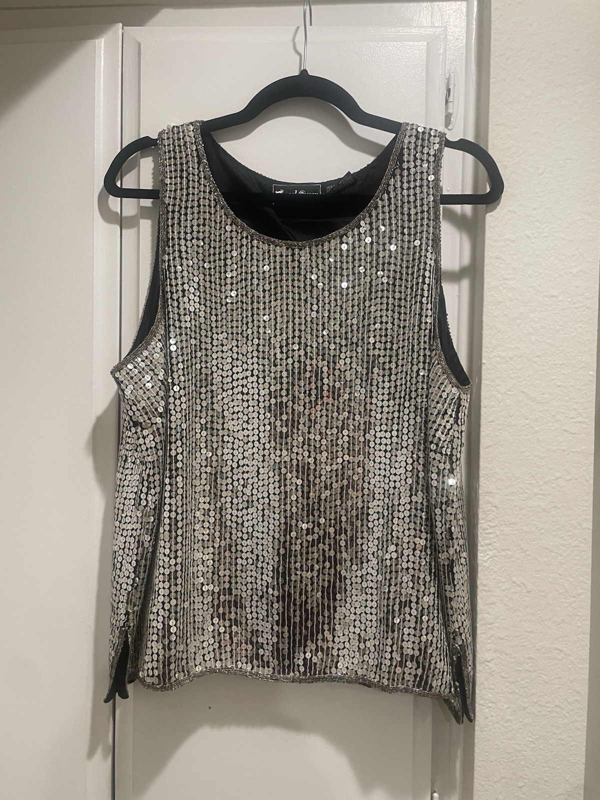 Vintage Silver Sequin Disco Tank Top Studio 54 Party Glam Sleeveless XL