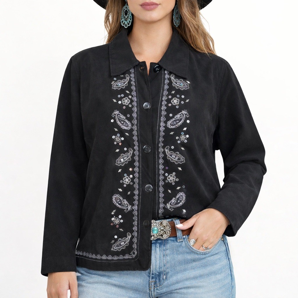 Vintage Western Faux Suede Embroidered Shirt Shacket L Black Silver Boho Cowgirl