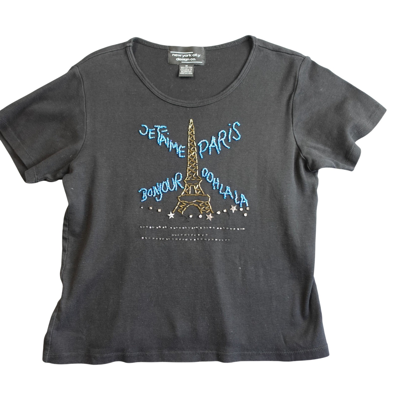 Vintage Y2K Paris Top Womens M Black Beaded Eifel Tower Euro Summer Baby Tee