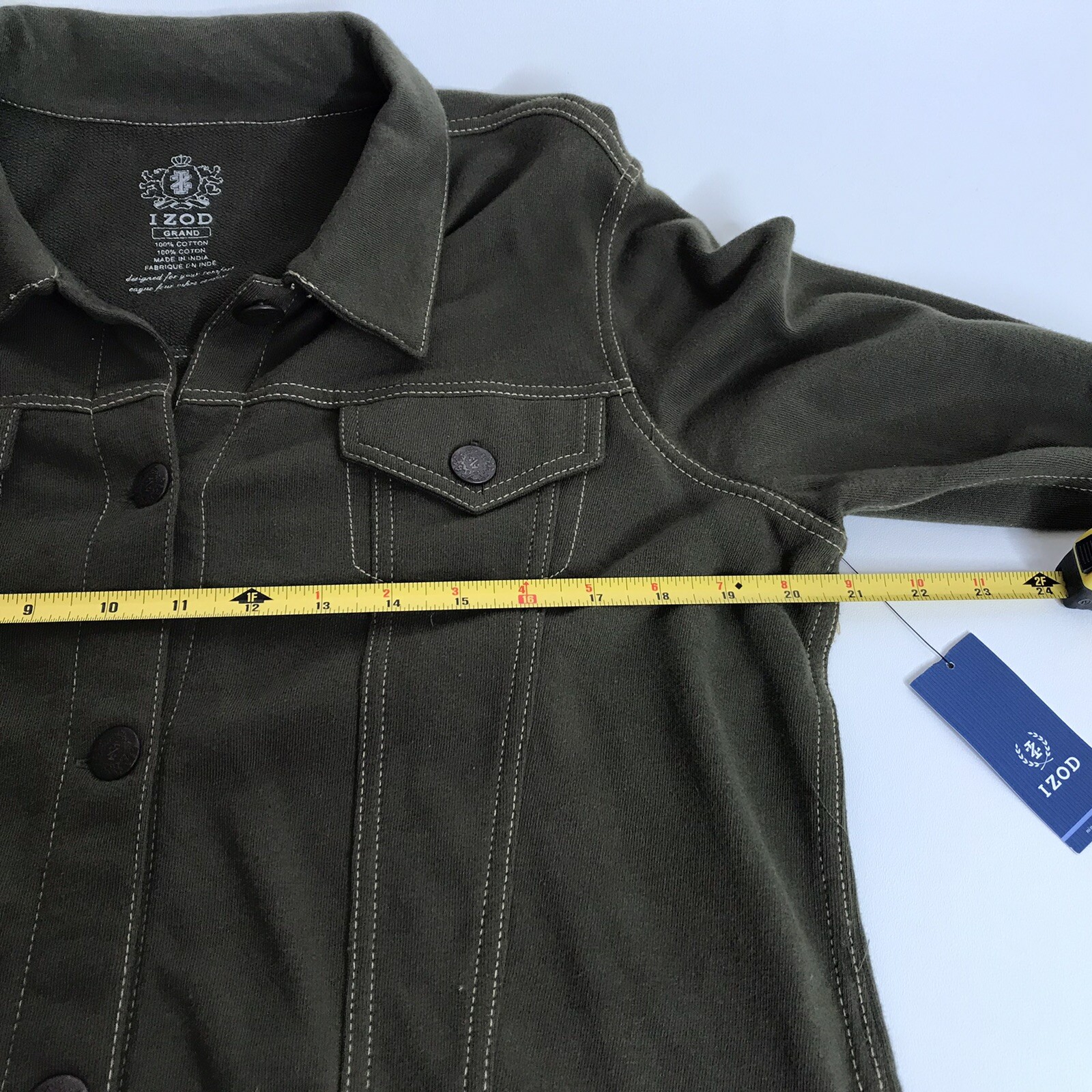 VINTAGE IZOD Womens L Jacket Khaki Green Button Jean Jacket Army Style NWT
