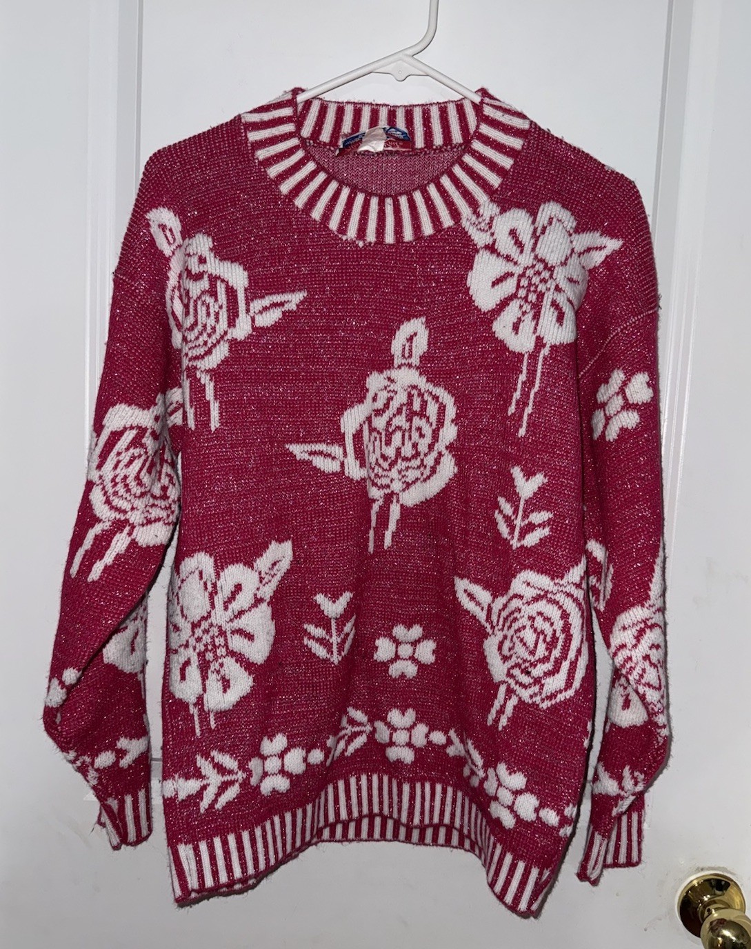 VTG 80S GLAMOUR KNIT SWEATER USA MADE METALLIC PINK FLORAL ROSE VIBRANT OS WMNS