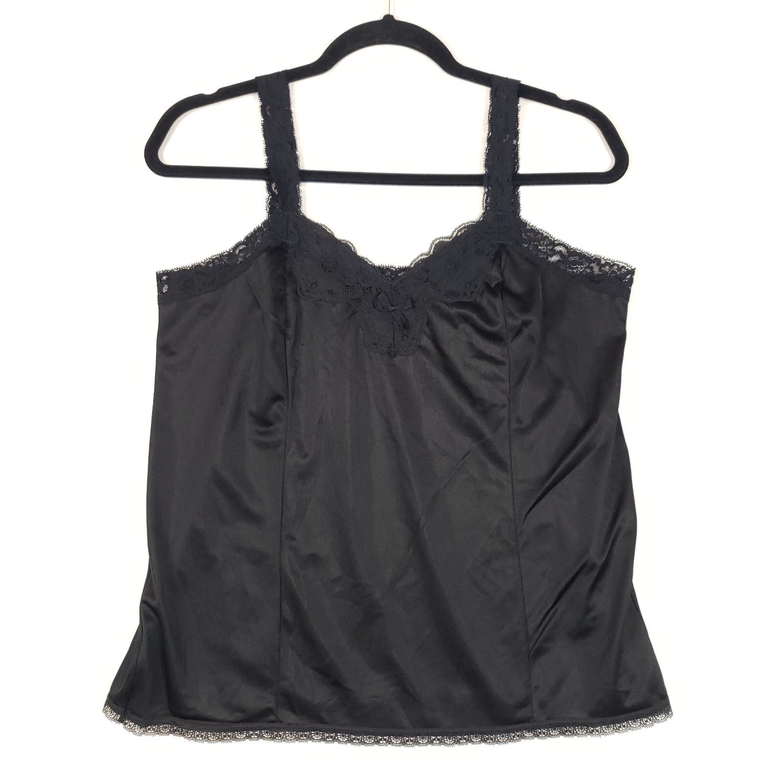 Greenco Maid Satin Camisole Large Nylon Tricot Black Lace Straps Vtg
