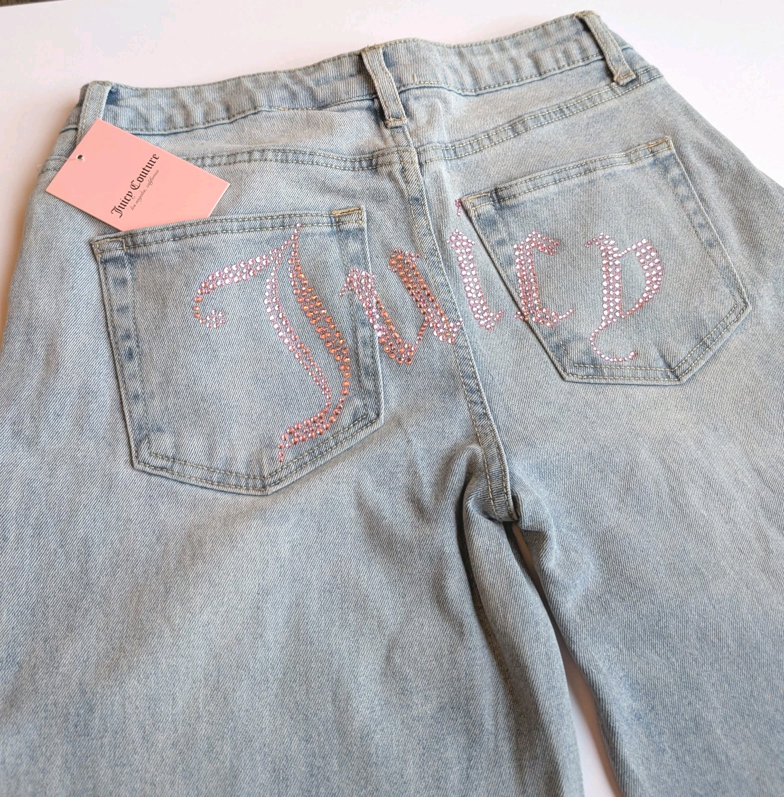 Juicy Couture Light Wash Rhinestone Embellished Jeans 7/28 Wide Leg Hi Rise Y2K