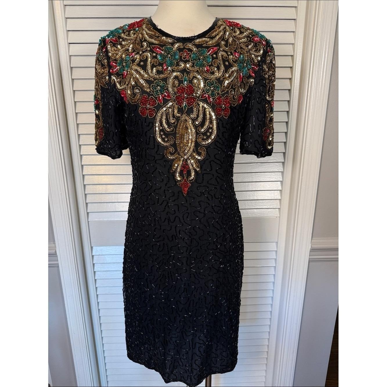 VTG Scala Silk Fully Beaded Sequin Cocktail Dress Floral Black Size Medium