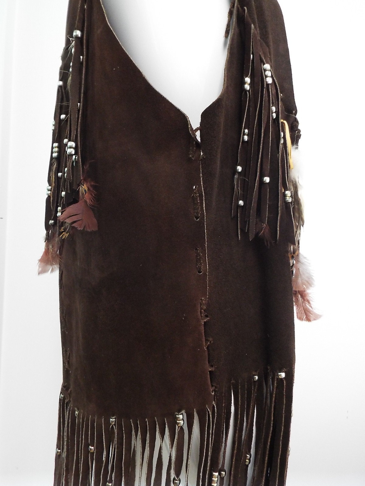 VTG 1970s Long Brown Suede Fringe Tunic Vest HIPPIE Feathers Beads Festival Boho