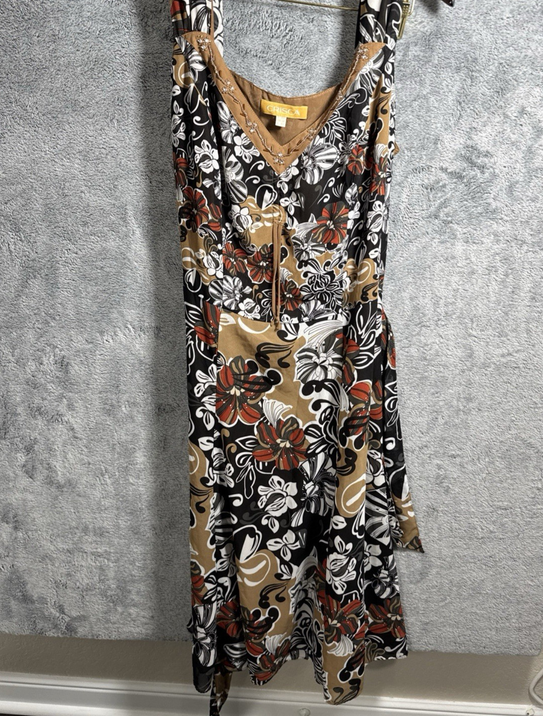 Vintage Crisca Women’s Dress US 40=Size 8/10 Floral Neck Beaded Flowy Retro Boho
