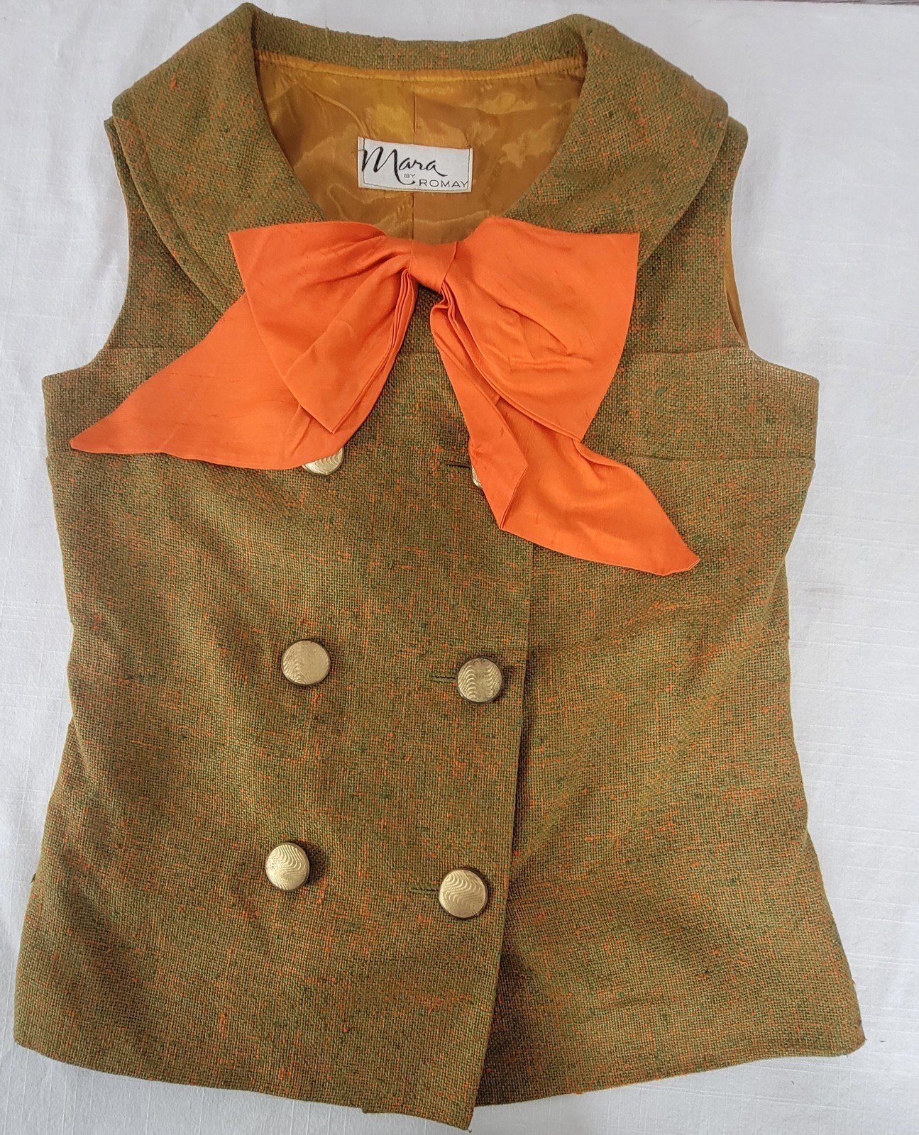 Vintage 60s Mara by Romay Skirt & Vest Suit Set XXS Olive Green Orange Bow Nubby