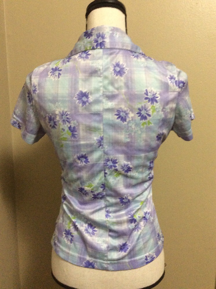 Vtg 90s Purple Blue Plaid Floral Print CLUB KID Flower Button Down Shirt Small