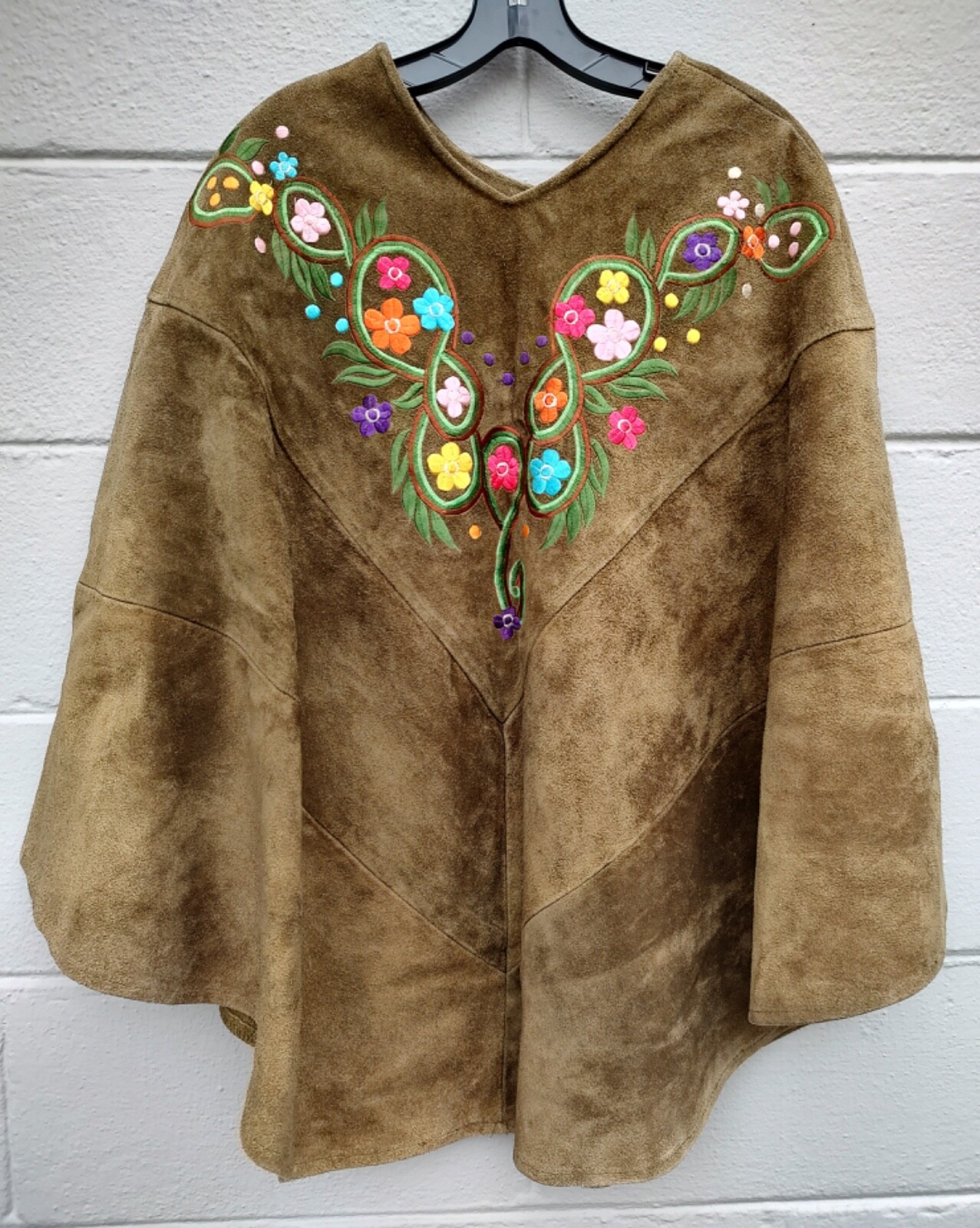 Queen of Capes Vintage 1970’s Embroidered Leather Poncho Olive Green Festival
