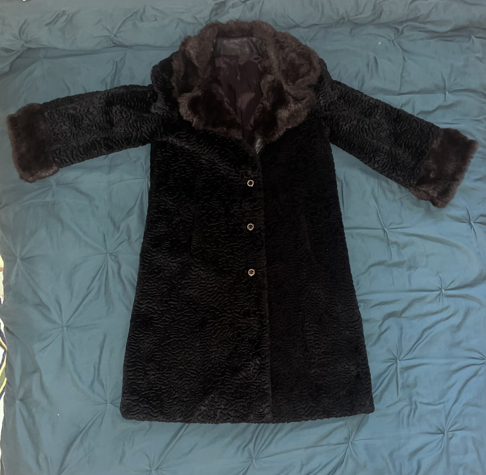 Vintage Coat Penny Lane Embossed Black Velvet &Brown Faux Fur 60s/70s Size L/XL