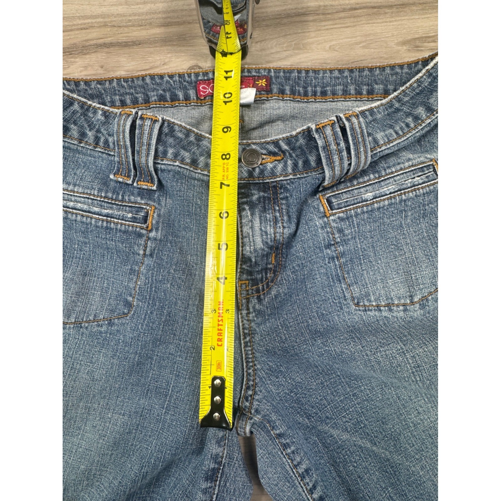 2000s Y2K SO Flare Jeans Low Rise Embroidered Pockets Size 11 pants are hemmed