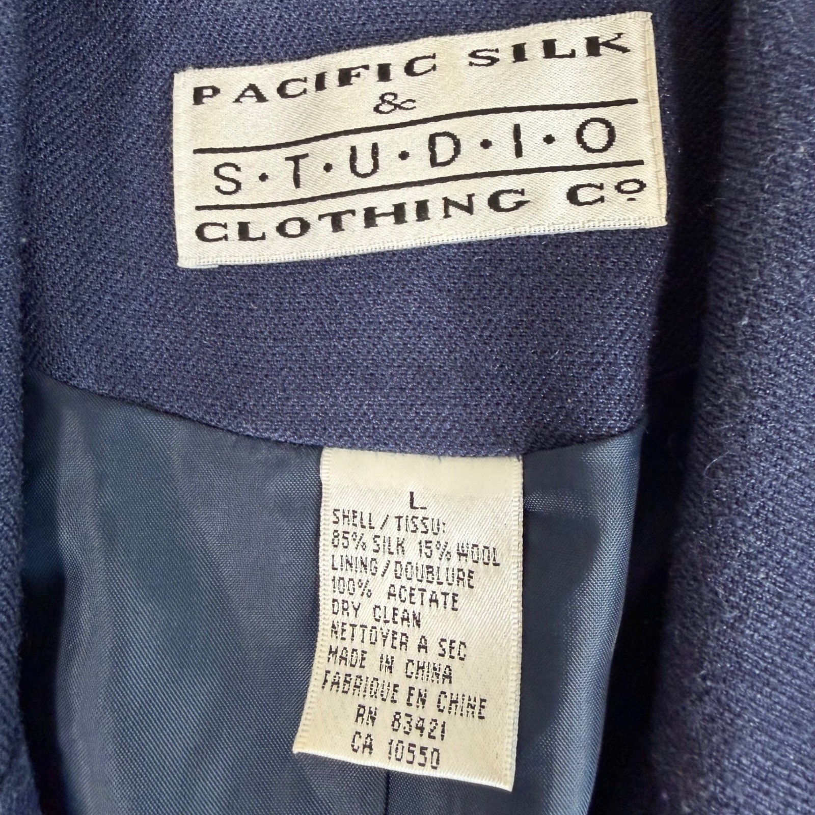 Vintage Womens Blazer Large Blue Silk Wool Jacket Tailored Career Classic