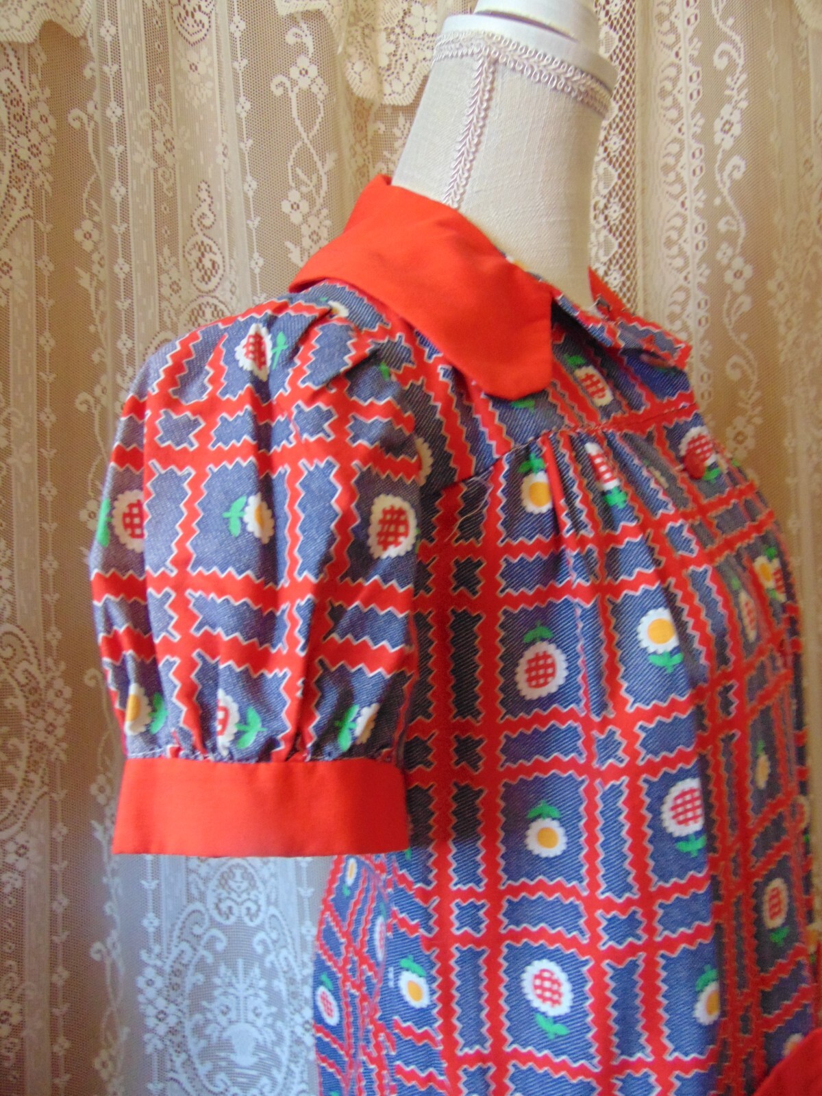VTG 70s Boho Hippie Denim Look Cotton Smock Top S/M
