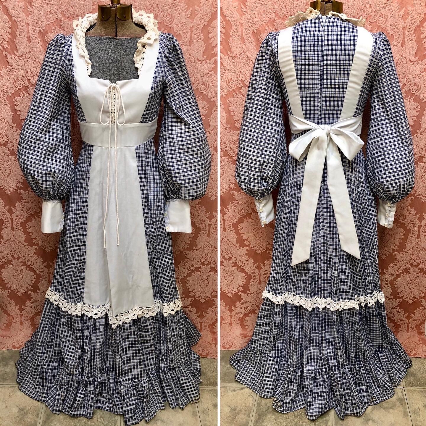 VTG 1970s GUNNE SAX Renaissance Revival GINGHAM JULIET MAXI-DRESS Lace-Up Bodice