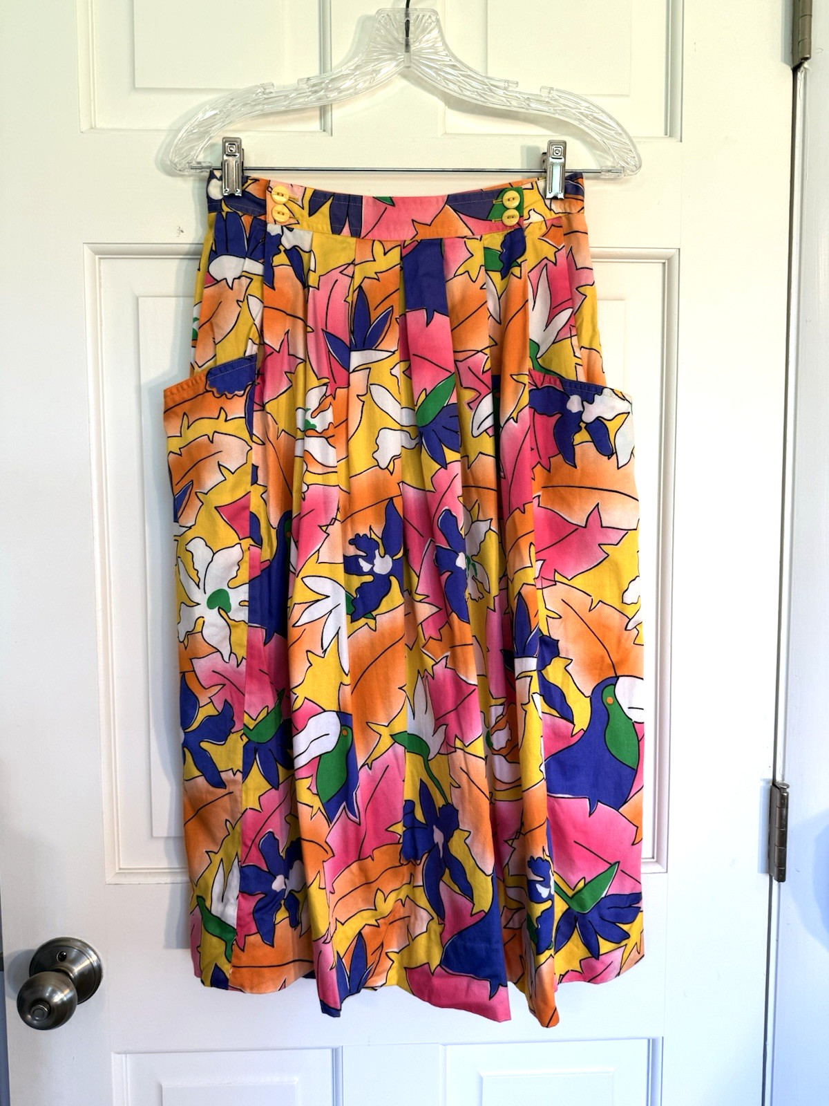 Vintage SK & Co. Bright Tropical Bird Cotton Midi Skirt Festival Women’s XS