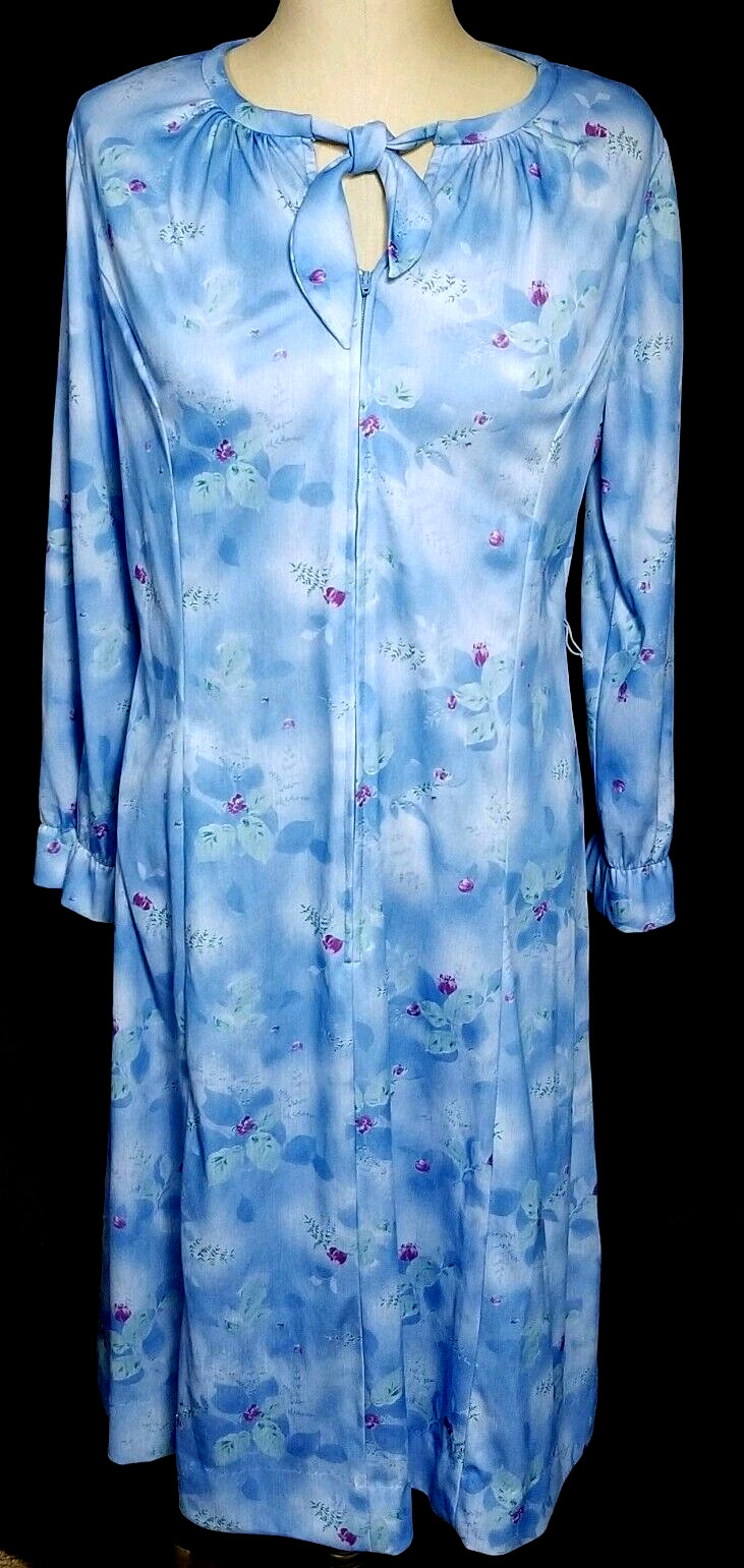 Vintage British Lady Blue Floral Dress Shift Size 14.5 Zips Ties Union Made