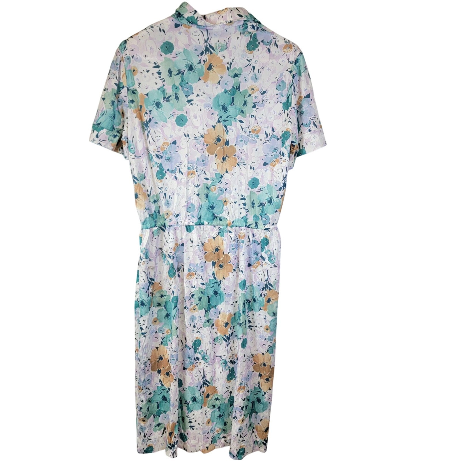 Vintage 70s Nylon Midi Shirt Dress Women Large 12 14 Blue Floral Collar Spring L