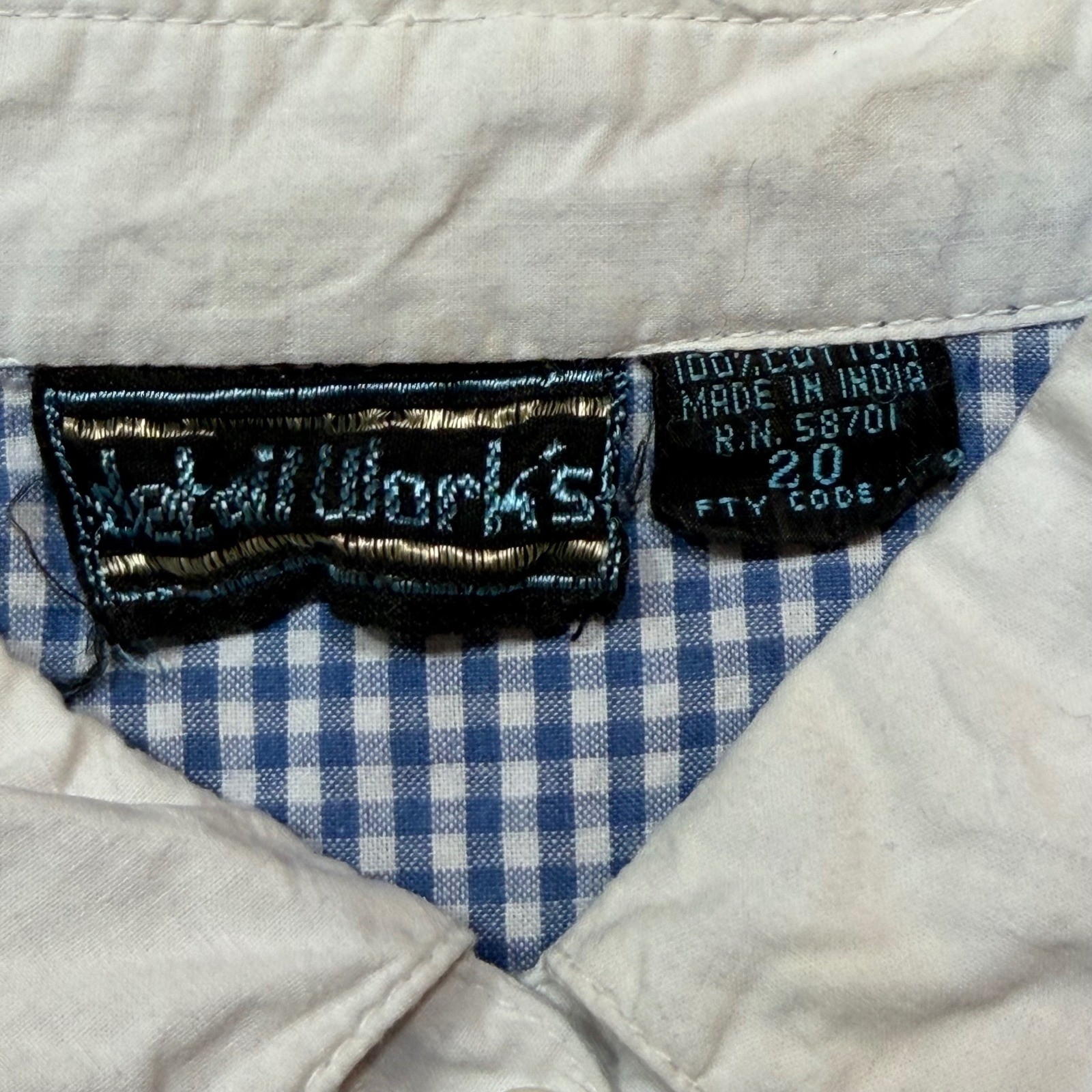 Vintage Western Gingham Embroidered Pearl Button Down Shirt Blue White XL 2XL