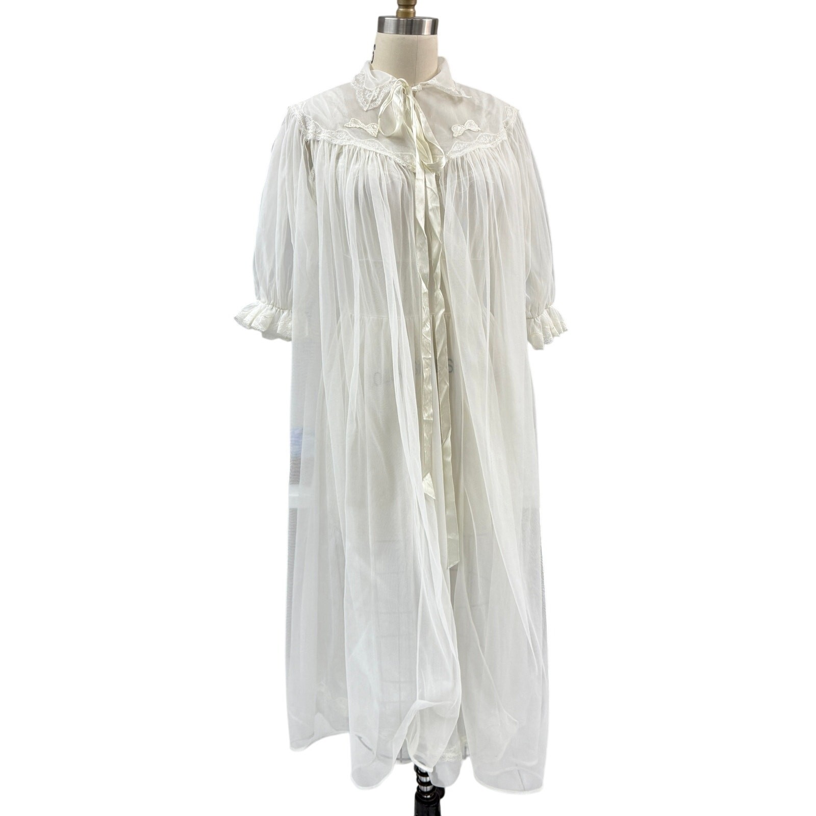 VTG 50s MCM Carillon Sheer Nylon Chiffon Nightgown_Robe White Bridal 36 Small