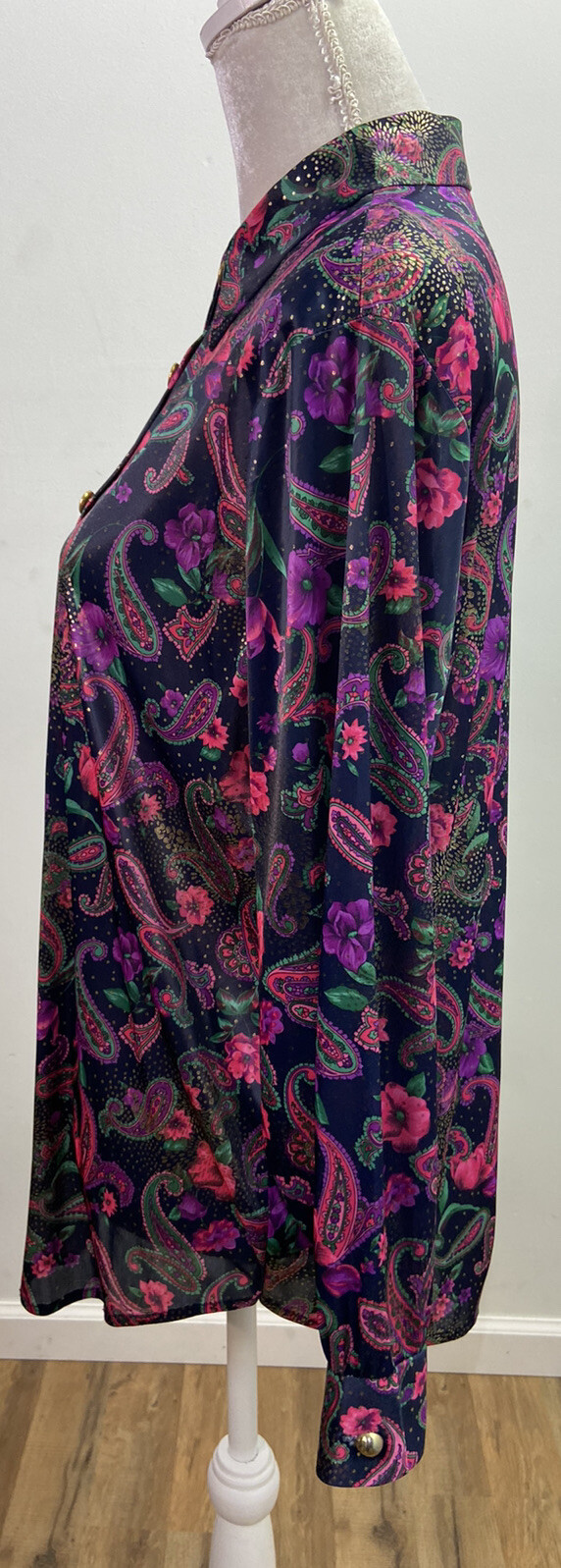 Vintage Silver Threads Multi-Color Floral Paisley Shiny Button Shirt Size Medium