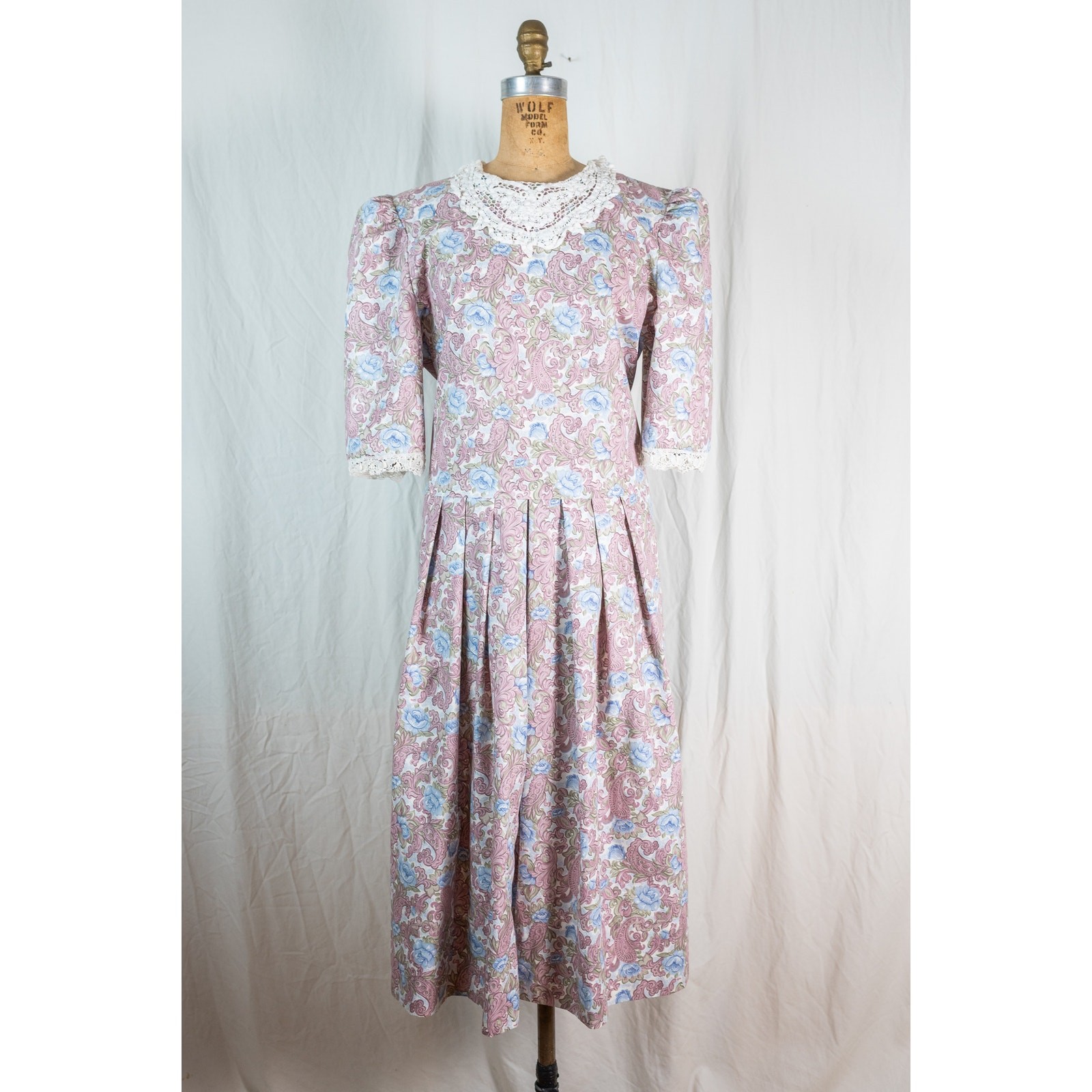 Vintage 90s Mauve Floral Grannycore Dress, Romantic Lace Collar Cottagecore, Med