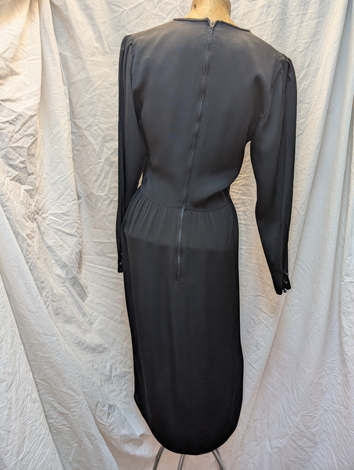 1980s 40s Style Black Rayon Beaded Dress St. Gillian Kay Unger Size S
