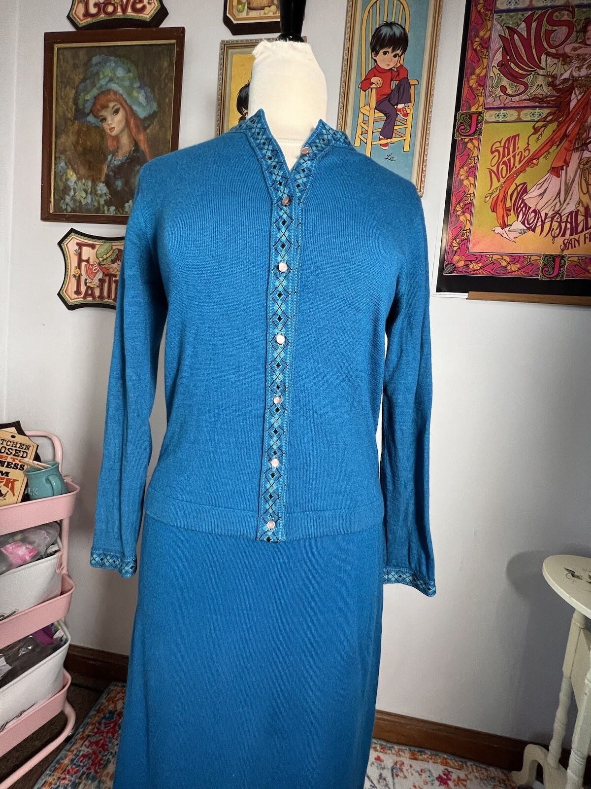 Vintage 1950’s Knit Set Jantzen Blue Sweater And Skirt S / M