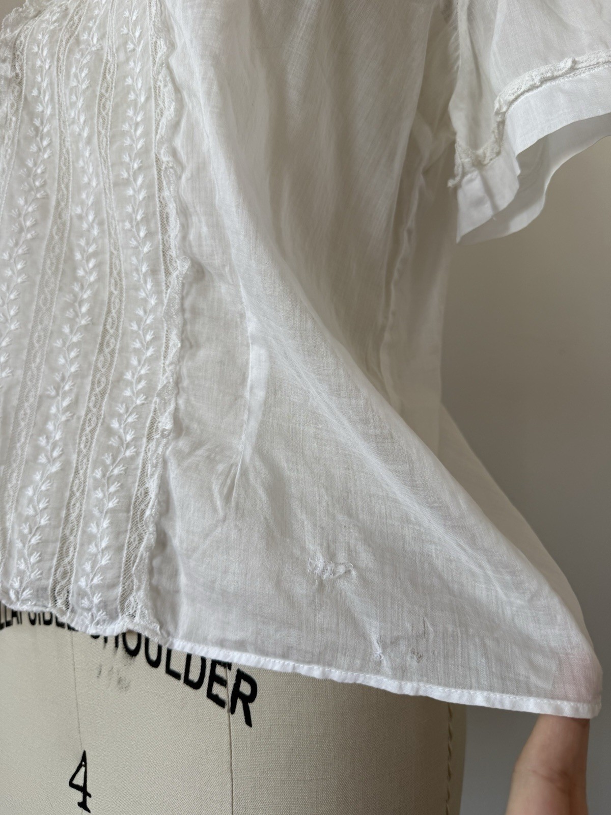 Antique Edwardian 1910s Sheer While Cotton Voile Blouse Embroidered Lace Panels