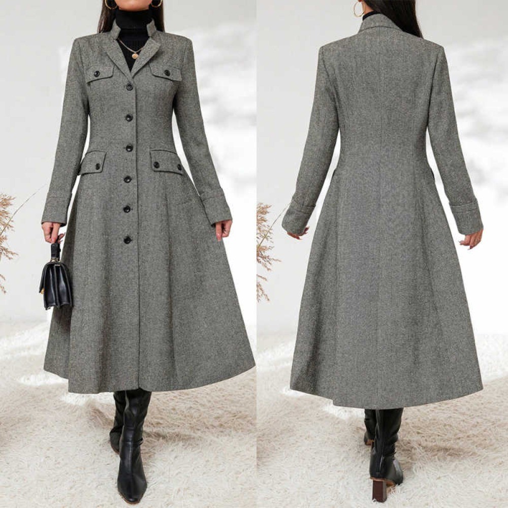 Ladies Grey Coat Herringbone Jacket Hem Skirt Tweed Winter Long Business