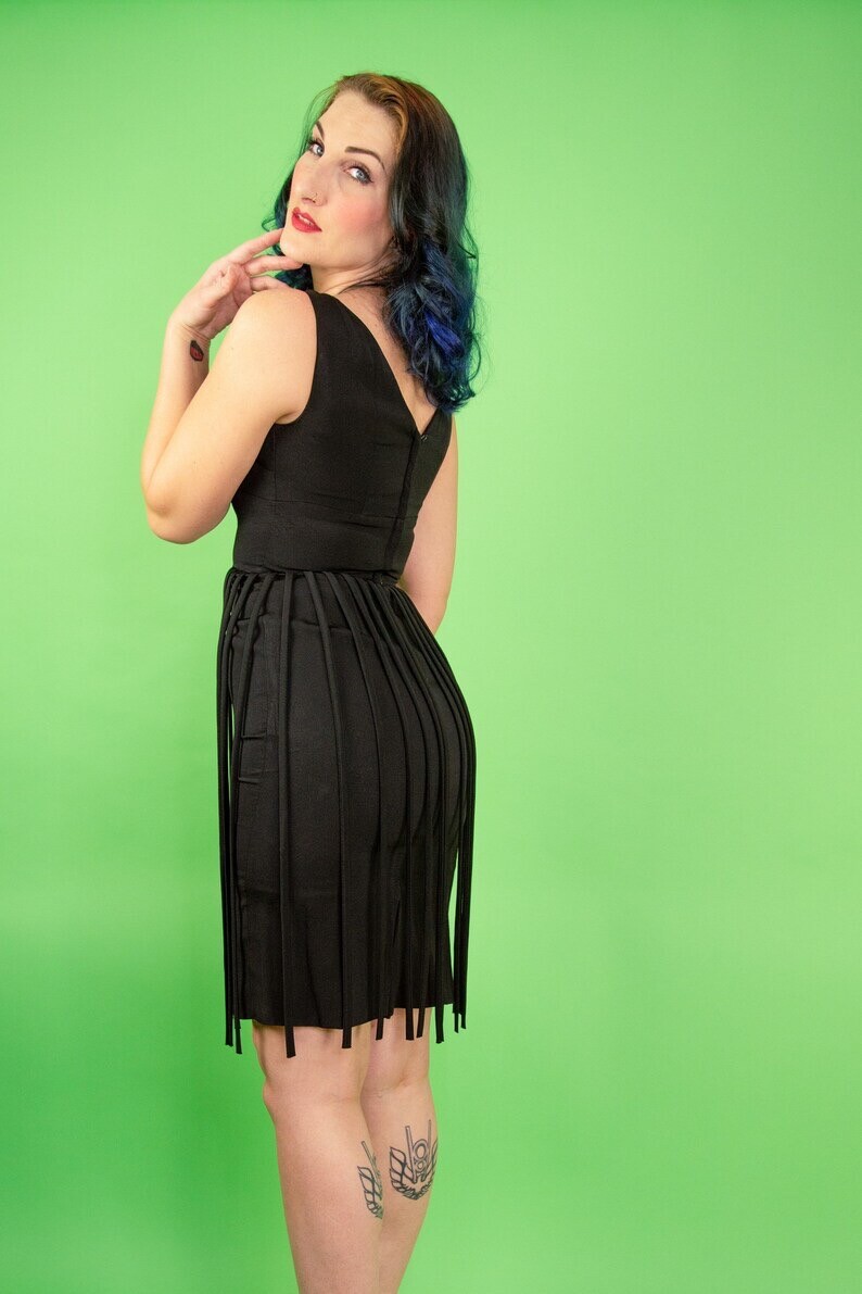 Vintage 1950s 60s Pinup Cocktail Dress Fringe Midi Pencil XS S 2 4