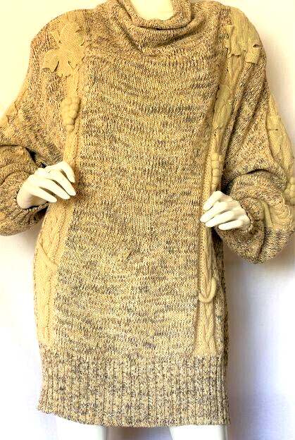 VTG 80s Bonnie Boerer Tan Sweater Emblements Oversize SZ 3X