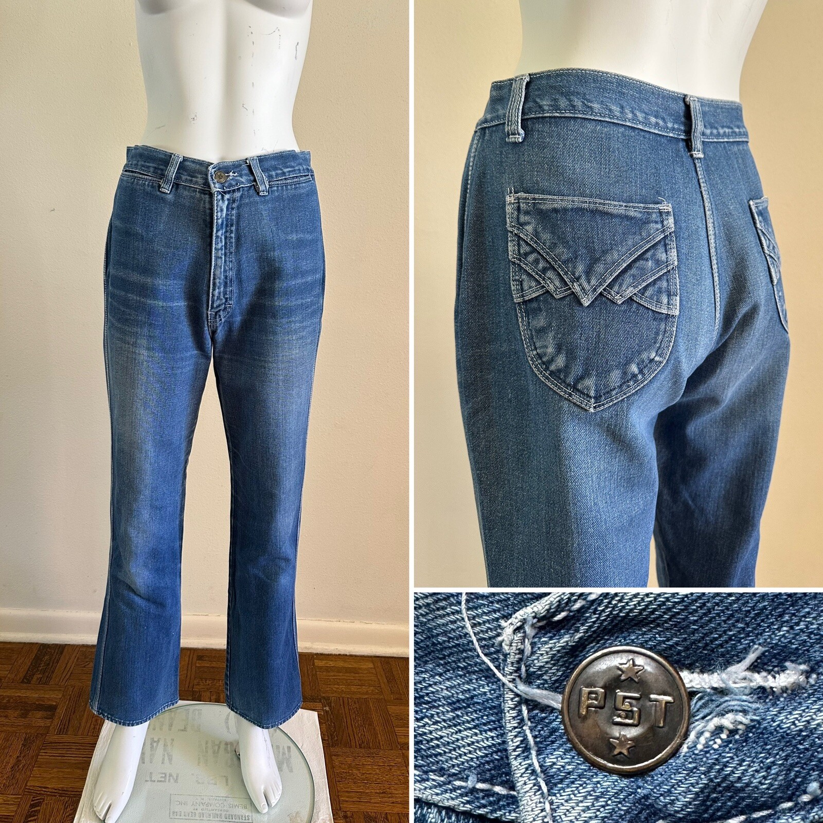 70s PST Denim Jeans Straight Leg W 28 L 30.5 Hip Hugger 80s Medium Dark Wash Vtg