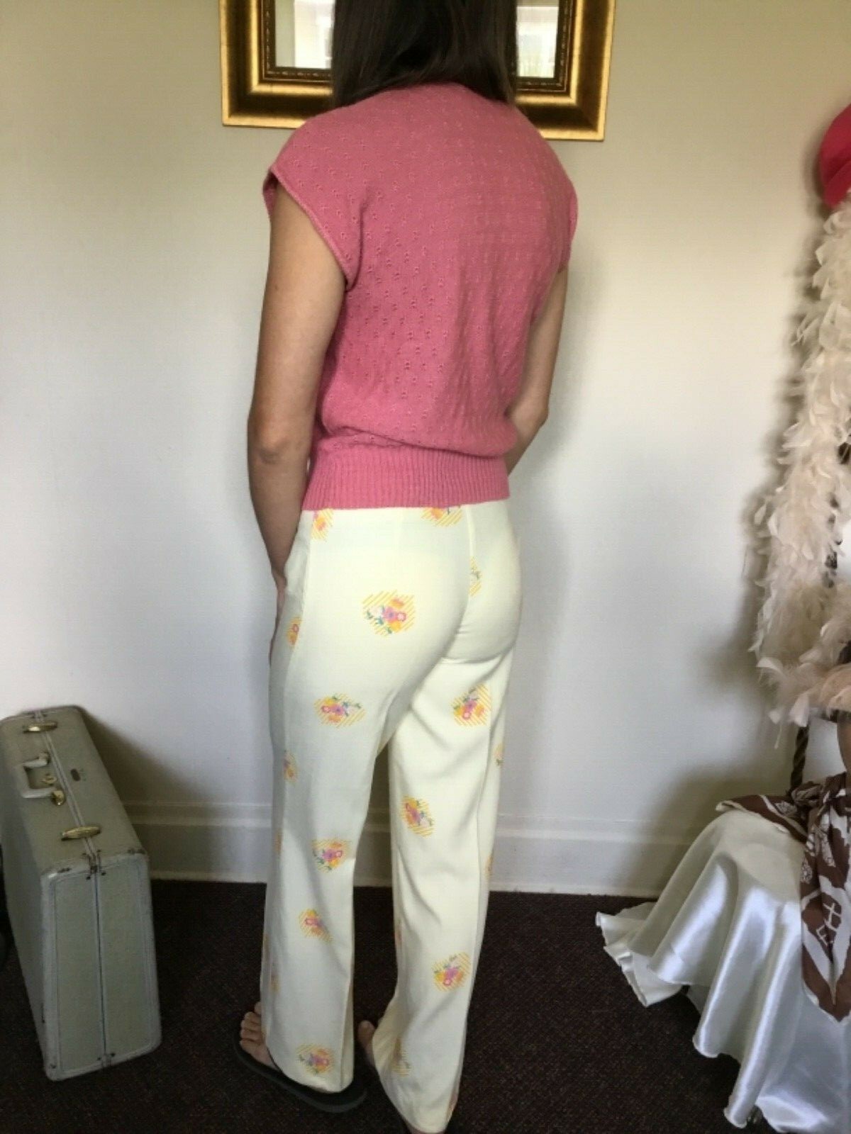 70’s Vintage Yellow Hippie Pink Floral Hi-Waist Bell Bottom Pants