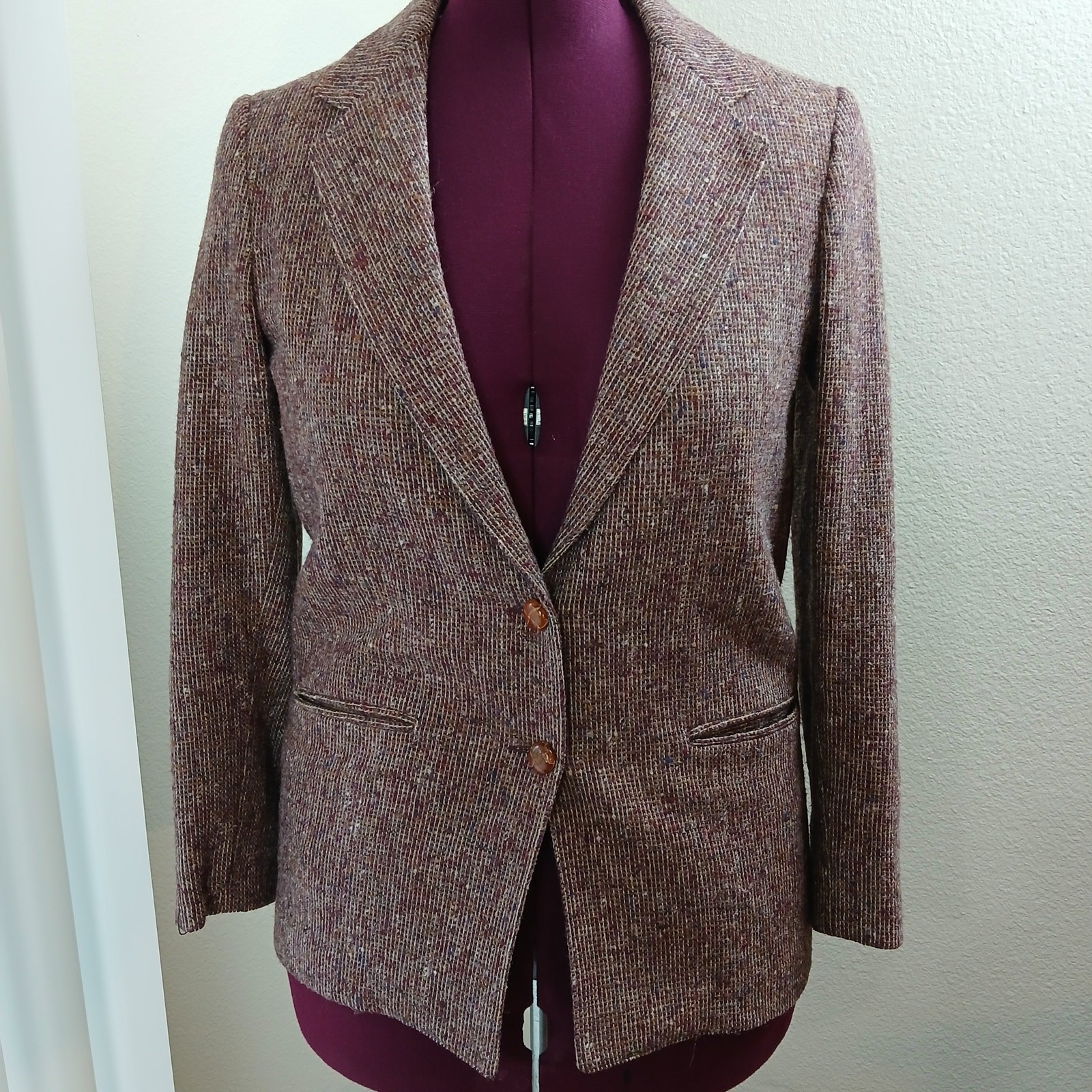Farah for her Burgundy Tweed Blazer 10 VTG 70s wool blend pockets knot buttons