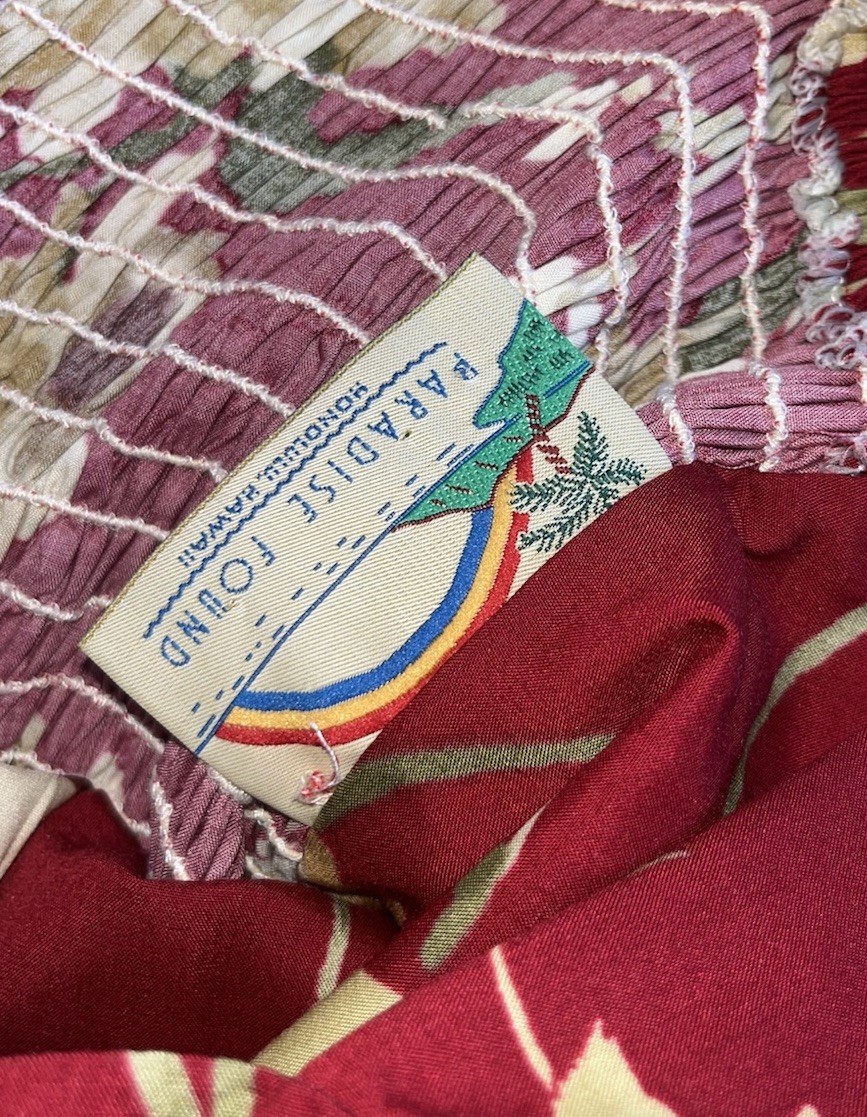 Vtg 90s Paradise Found Hawaiian Dress Burgundy Floral Sarong Wrap USA Made Sz L