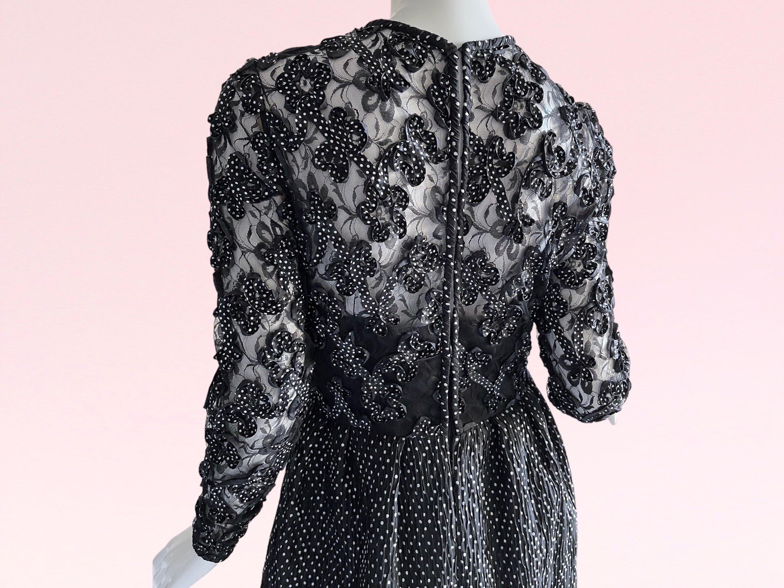1980s Vintage Stanley Platos Designer Lace Ribbon Pleated Cocktail Party Dress S