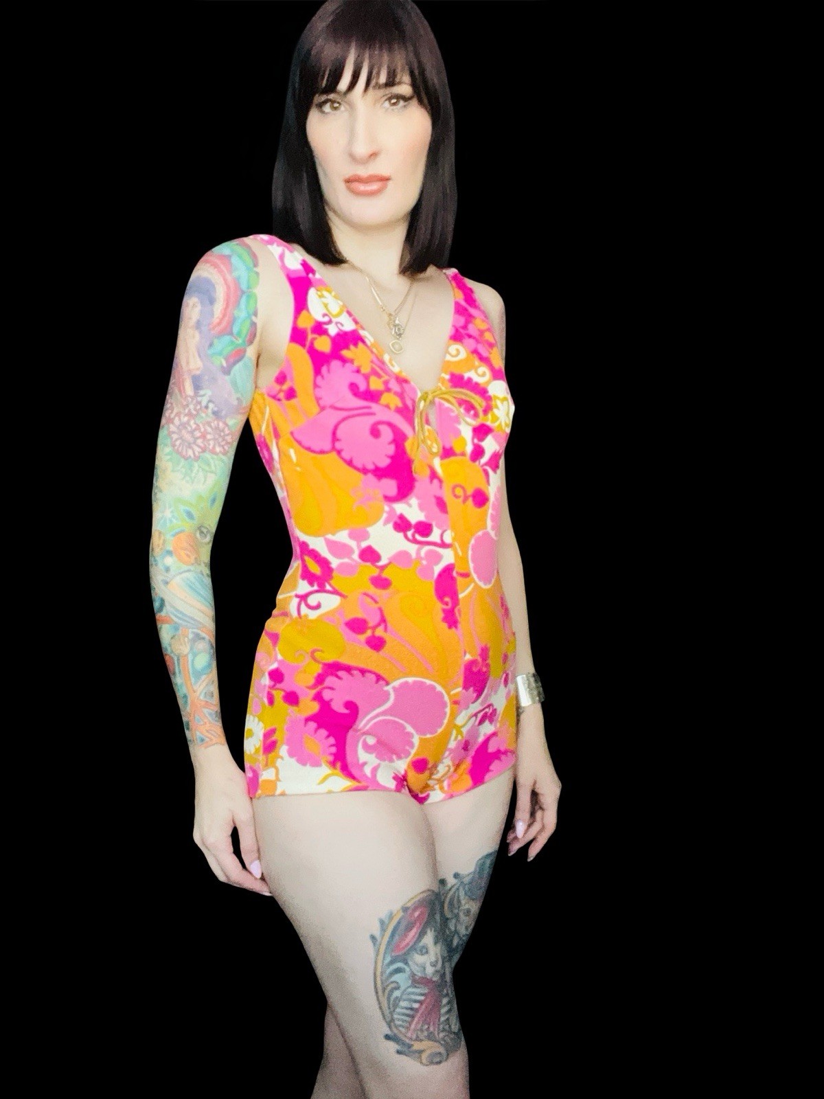 Vintage 1960s Psychedelic Pink Candy Swirl Mod Pin Up Swimsuit Small Medium